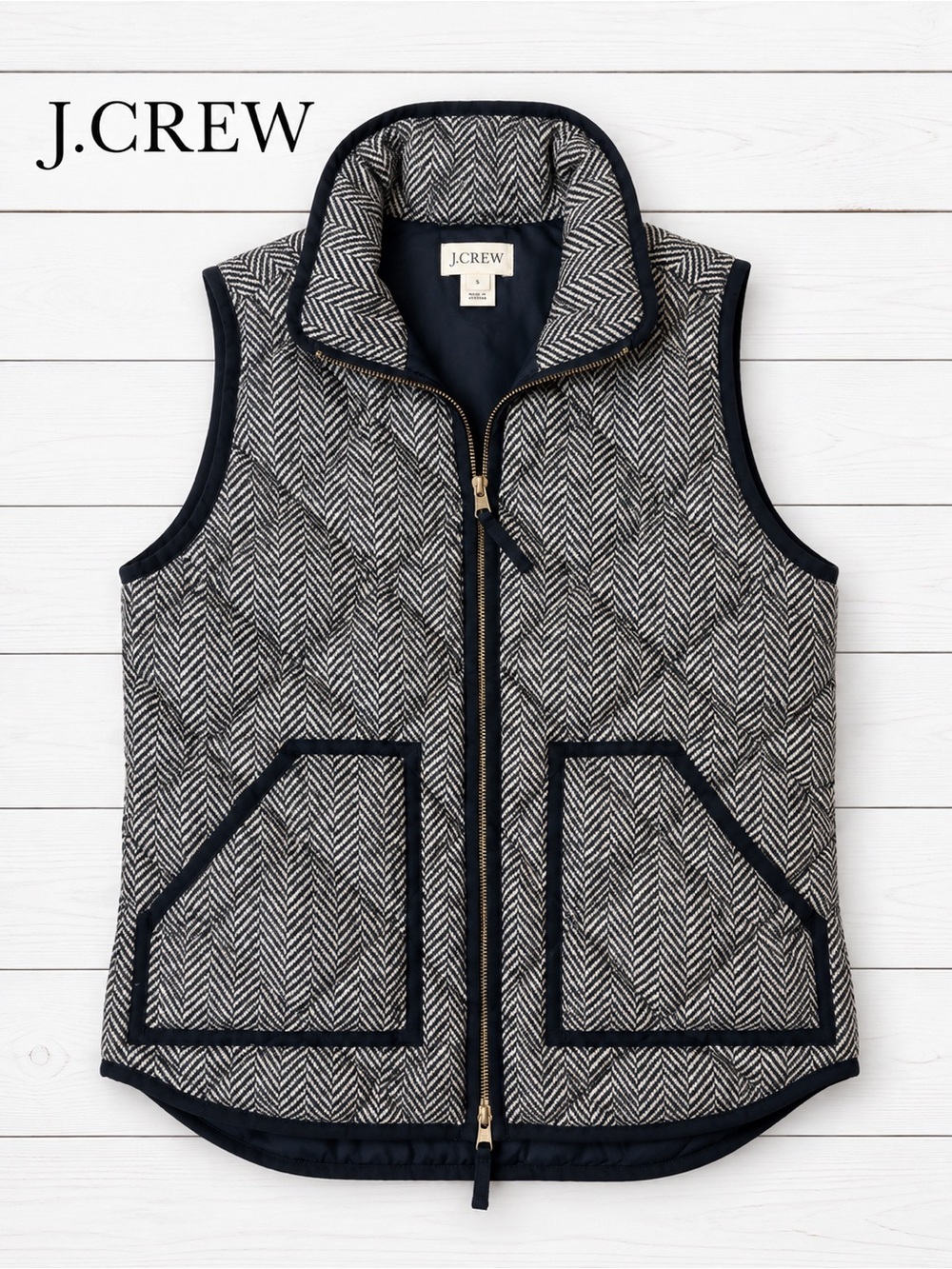 J. Crew Black & White Herringbone Quilted Puffer Vest with Navy Trim
